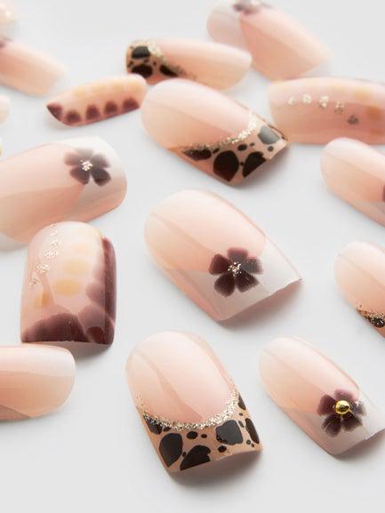 PS... Brown Floral French Tip Square Gloss False Nails