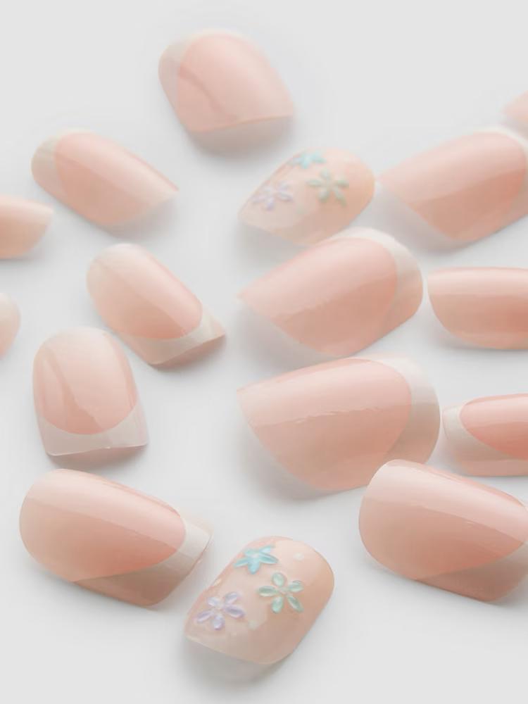 PS... Floral French Tip Square Gloss False Nails